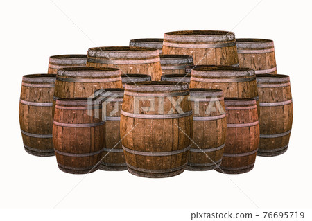 warehouse of dark brown oak barrels stands on an isolated background warehouse of dark brown oak barrels stands on an isolated background 76695719