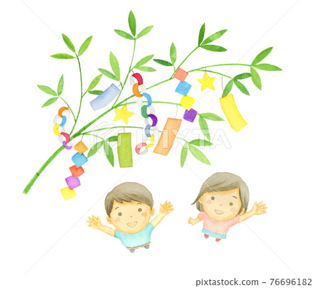 一個孩子仰望七夕裝飾的水彩插圖 76696182