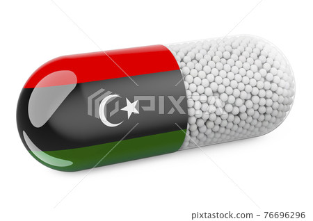 Pill capsule with Libyan flag. Healthcare in Libya concept. 3D rendering Pill capsule with Libyan flag. Healthcare in Libya concept. 3D rendering 76696296