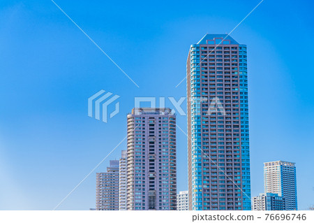 Tokyo cityscape The skyscrapers of Tsukuda Island as seen from the Sumida River Terrace 76696746