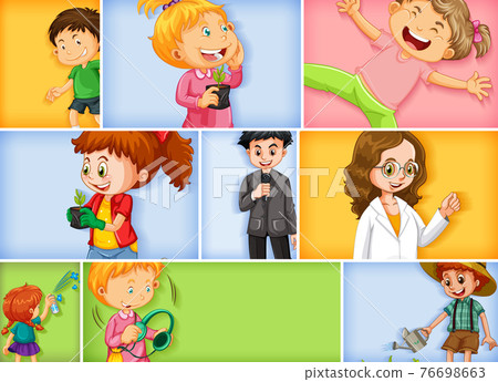 Set of different kid characters on different color background 76698663
