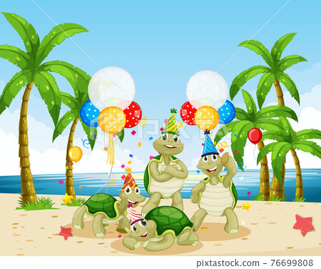 Turtle group in party theme cartoon character on beach background Turtle group in party theme cartoon character on beach background 76699808