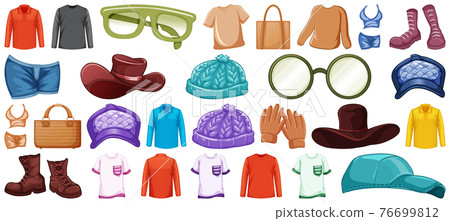 Set of fashion outfits and accessories on white background Set of fashion outfits and accessories on white background 76699812