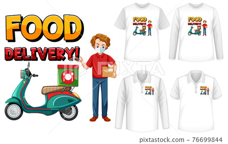 Set of different types of shirts with food delivery logo screen on shirts Set of different types of shirts with food delivery logo screen on shirts 76699844