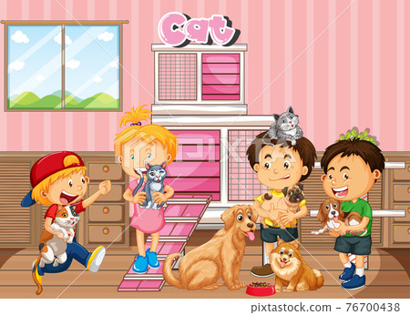 Children playing with their pets in the room scene - Stock Illustration ...