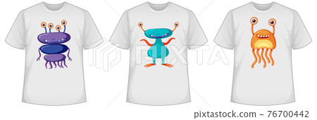 Set of different colour cute monsters or aliens screen on t-shirts Set of different colour cute monsters or aliens screen on t-shirts 76700442