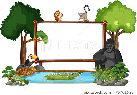 Empty banner with wild animals and rainforest trees on white background 76701585