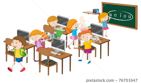 Students with computer classroom elements on white background 76701647