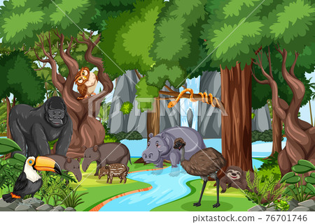 Wild animal cartoon character in the forest scene Wild animal cartoon character in the forest scene 76701746