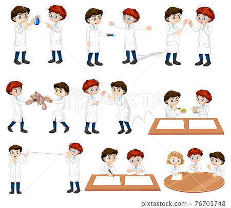 Set of young scientist in different poses cartoon character Set of young scientist in different poses cartoon character 76701748
