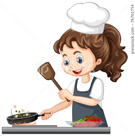 Cute girl character wearing chef hat cooking food Cute girl character wearing chef hat cooking food 76701754