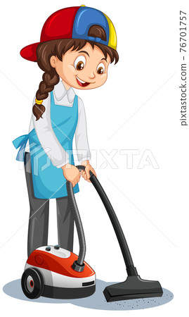 Maid cartoon character wearing uniform using vacuum cleaner Maid cartoon character wearing uniform using vacuum cleaner 76701757