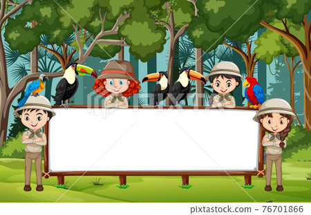 Empty banner with many children and wild animals in the forest scene Empty banner with many children and wild animals in the forest scene 76701866