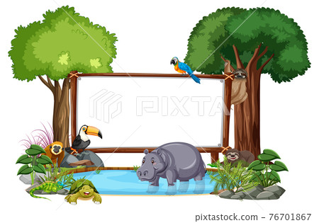 Empty banner with wild animals and rainforest trees on white background 76701867