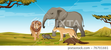 Group of wild african animal in the forest scene Group of wild african animal in the forest scene 76701881