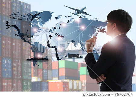 The world logistics , there are world map with logistic network distribution on background and Logistics Industrial Container Cargo freight ship for Concept of fast or instant shipping 76702764