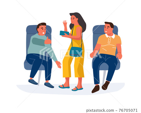 People in airplane. Cartoon men sitting in airplane armchairs and talking to standing woman. Passenger with tickets looking for seat in cockpit. Travel by plane. Vector boarding plane 76705071