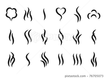 Aroma steam logo. Vapor or smell icons. Hot temperature beverages silhouettes signs. Minimal symbols of boiling and frying cooking pan. Vector water evaporation isolated badges set Aroma steam logo. Vapor or smell icons. Hot temperature beverages silhouettes signs. Minimal symbols of boiling and frying cooking pan. Vector water evaporation isolated badges set 76705073