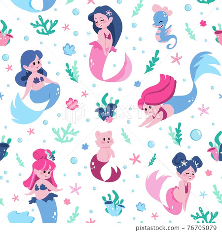 Mermaid pattern. Cartoon funny water nymphs seamless background. Cute fairy tale seamaid characters and marine cat with fish tail. Underwater swimming girls. Vector cheerful undines Mermaid pattern. Cartoon funny water nymphs seamless background. Cute fairy tale seamaid characters and marine cat with fish tail. Underwater swimming girls. Vector cheerful undines 76705079