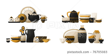 Crockery stack. Ceramic tableware and pottery. Kitchen dishes. Cookware with spoons and cups, decorative plates or bowls. Porcelain utensil composition set. Vector household dinnerware Crockery stack. Ceramic tableware and pottery. Kitchen dishes. Cookware with spoons and cups, decorative plates or bowls. Porcelain utensil composition set. Vector household dinnerware 76705083
