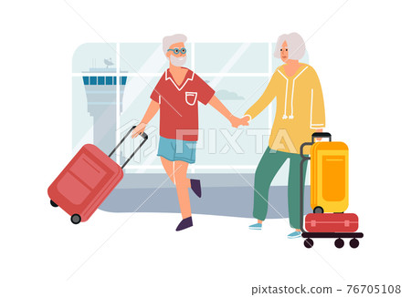 Senior couple in airport. Elderly man and woman travel. Cartoon people holding hands and carrying baggage. Vector passengers going to departure terminal with suitcases and handbags 76705108