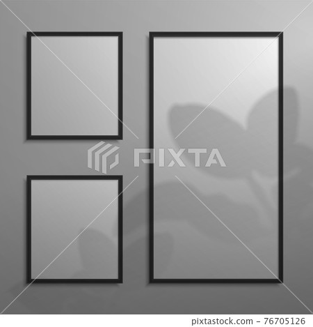 Realistic frames. 3D posters with shadow overlay effect. Blank frameworks hanging on wall and plant shade. Square pictures collage. Black exhibition borders. Vector interior template 76705126