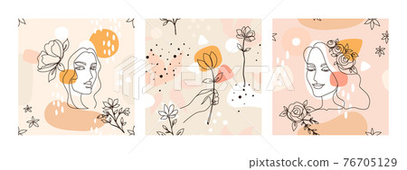 Woman line pattern. Seamless female face painting for fashion print, beauty sketch. Human faces and flowers. Pastel background with decorative floral elements. Vector portraits set 76705129