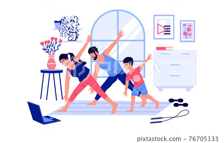 Family workout. Home sport activities with kids. People watch online video instruction and training. Parents with son doing fitness exercises together. Vector healthy active lifestyle Family workout. Home sport activities with kids. People watch online video instruction and training. Parents with son doing fitness exercises together. Vector healthy active lifestyle 76705133