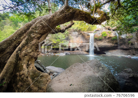 Amazing Haew Suwat Waterfall in the deep forest at Khao Yai National Park, Pak Chong, Thailand. Amazing Haew Suwat Waterfall in the deep forest at Khao Yai National Park, Pak Chong, Thailand. 76706596