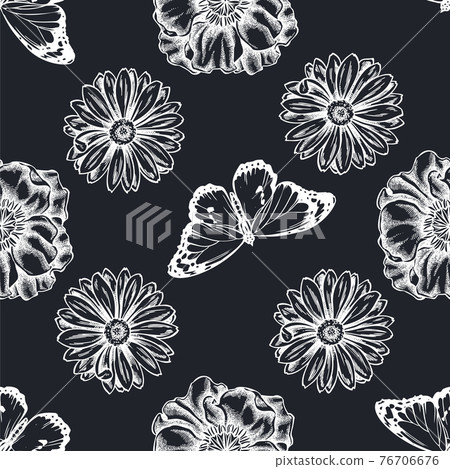 Seamless pattern with hand drawn chalk poppy flower, calendula, plain tiger Seamless pattern with hand drawn chalk poppy flower, calendula, plain tiger 76706676