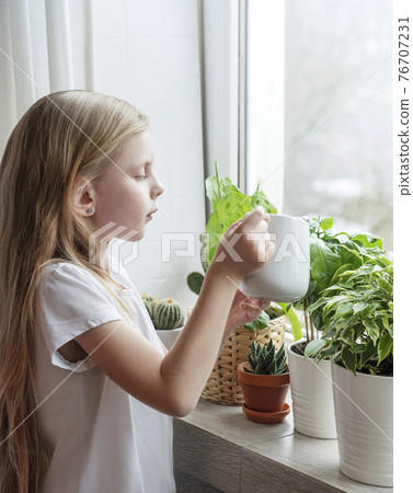 Little girl watering houseplants 76707231