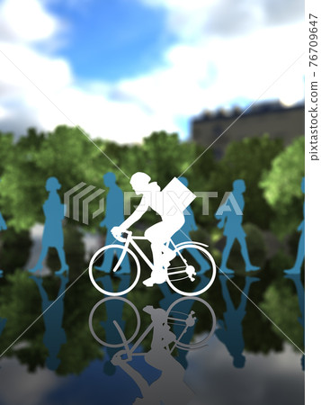 CG illustration vertical of a male silhouette of a delivery service that rides a bicycle through a city with many passersby CG illustration vertical of a male silhouette of a delivery service that rides a bicycle through a city with many passersby 76709647