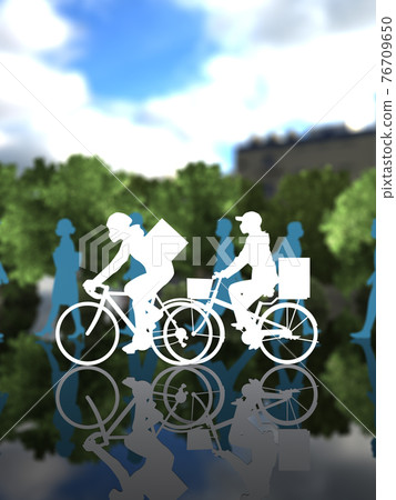 A male and female silhouette of a delivery service that rides a bicycle through the city with many passersby, wearing a mask A male and female silhouette of a delivery service that rides a bicycle through the city with many passersby, wearing a mask 76709650