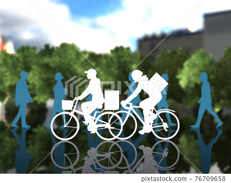 Next to the CG illustration of a woman and a man silhouette of a delivery service that rides a bicycle through the city with many passersby Next to the CG illustration of a woman and a man silhouette of a delivery service that rides a bicycle through the city with many passersby 76709658
