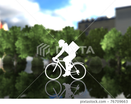 送貨服務的男性剪影，在城市騎自行車，戴著面具，旁邊是 CG 插圖 76709663