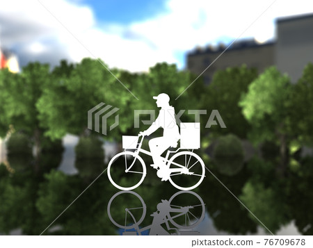 在騎自行車穿過城市的送貨服務的女性剪影的 CG 插圖旁邊 在騎自行車穿過城市的送貨服務的女性剪影的 CG 插圖旁邊 76709678