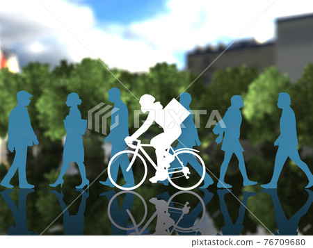A male silhouette of a delivery service that rides a bicycle near a passerby in the city, wearing a mask, next to a CG illustration A male silhouette of a delivery service that rides a bicycle near a passerby in the city, wearing a mask, next to a CG illustration 76709680