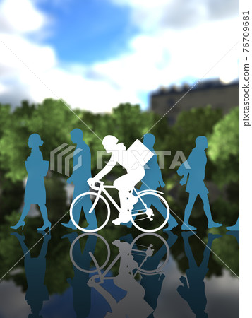 在城市路人附近騎自行車的送貨服務的男性剪影的 CG 插圖垂直 在城市路人附近騎自行車的送貨服務的男性剪影的 CG 插圖垂直 76709681