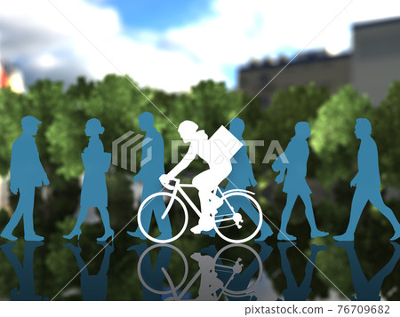 在城市中騎自行車靠近路人的送貨服務的男性剪影的 CG 插圖旁邊 在城市中騎自行車靠近路人的送貨服務的男性剪影的 CG 插圖旁邊 76709682
