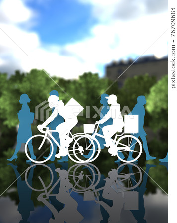 Male and female silhouettes of a delivery service that rides a bicycle near passersby in the city Masked CG illustration Vertical Male and female silhouettes of a delivery service that rides a bicycle near passersby in the city Masked CG illustration Vertical 76709683