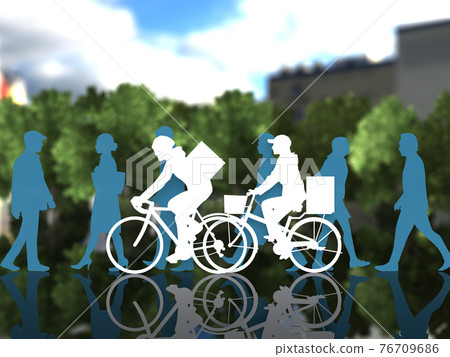 A CG illustration of a male and female silhouette of a delivery service that rides a bicycle near passersby in the city 76709686