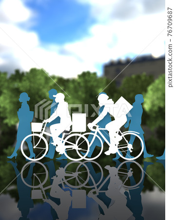 Delivery service woman and man silhouette masked CG illustration vertical running near passersby in the city 76709687