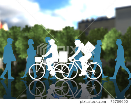 A CG illustration of a woman and a man silhouette of a delivery service that rides a bicycle near a passerby in the city A CG illustration of a woman and a man silhouette of a delivery service that rides a bicycle near a passerby in the city 76709690