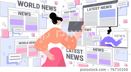 woman reading daily news on tablet pc newspaper press network concept horizontal 76710108