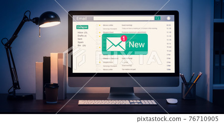 New email alert on computer, communication connection message to global letters in the workplace. 76710905