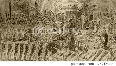 Angkor wat bas-relief showing ancient Thai soldiers in battle against Khmer empire, Siem Reap, Cambodia 76713088