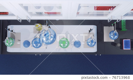 Flasks in science medical laboratory Top view 3D Flasks in science medical laboratory Top view 3D 76713968