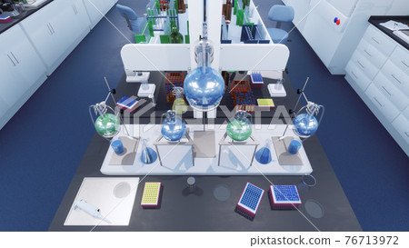 Flasks in science research laboratory Top view 3D Flasks in science research laboratory Top view 3D 76713972