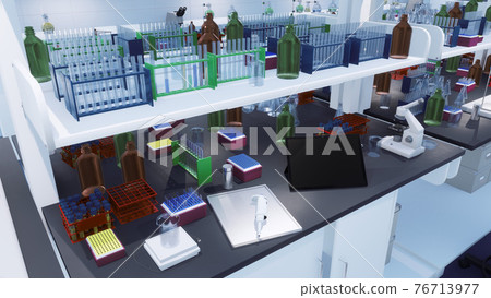 Workplace table in modern science medical lab 3D Workplace table in modern science medical lab 3D 76713977