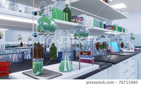 Flasks in modern science medical lab Close-up 3D Flasks in modern science medical lab Close-up 3D 76713980